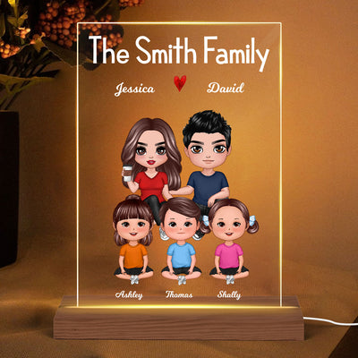Doll Whole Family Couple Kids Dogs Cats Sitting Personalized Rectangle Acrylic Plaque LED Night Light