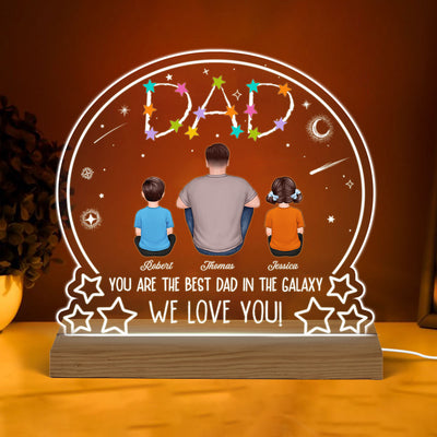 Stars Dad Best Dad In The Galaxy Back View Man Sitting With Kids Dogs Cats Personalized Custom Shape Acrylic Plaque Warm LED Night Light