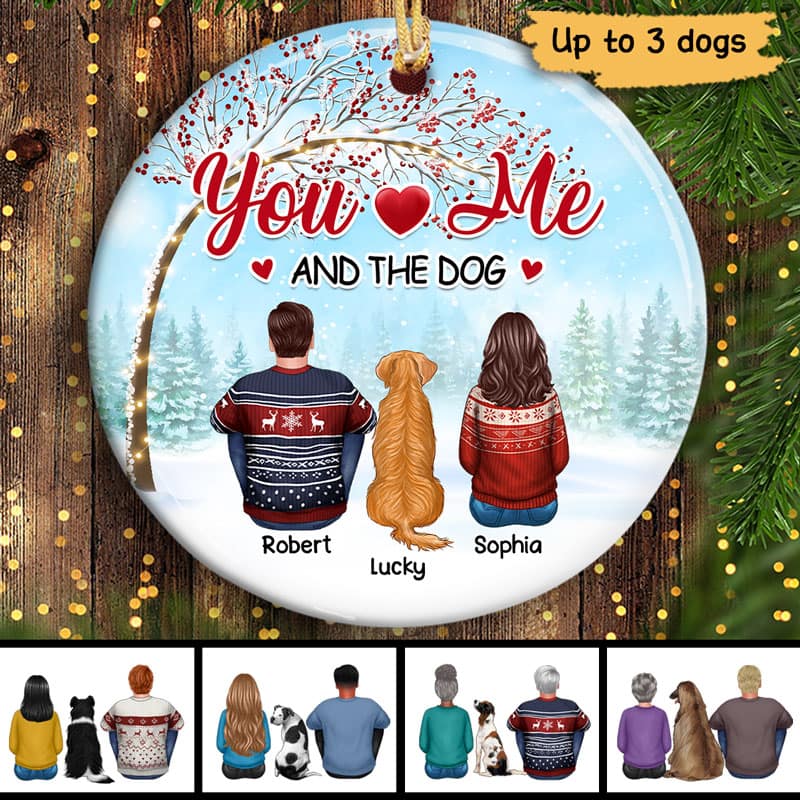 Back View Couple Sitting With Dogs Under Berry Tree Personalized Circle Ornament