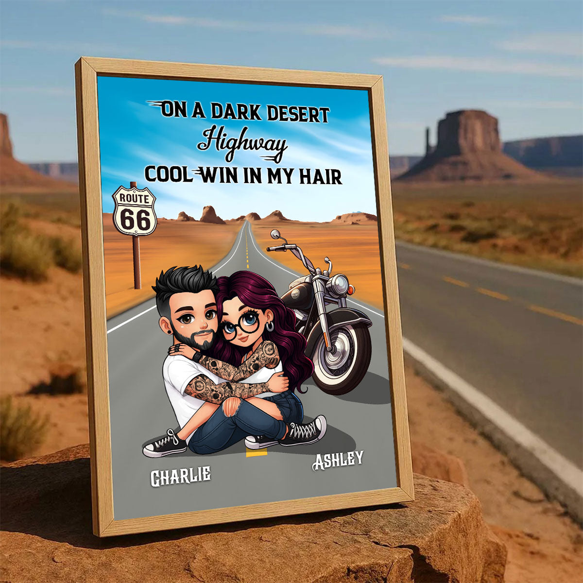 On A Dark Desert Highway Cool Wind In My Hair Motorcycle Riding Personalized Poster for Biker Couples