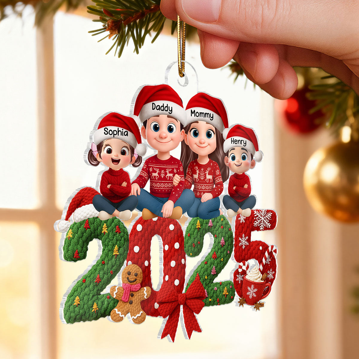 Family Sitting 2025 Latch Hook Yarn Faux - Personalized Acrylic Ornament - Christmas Gift for Family
