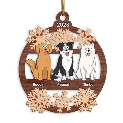 Snowflake Funny Cartoon Dogs Sitting Personalized Christmas Wooden Ornament