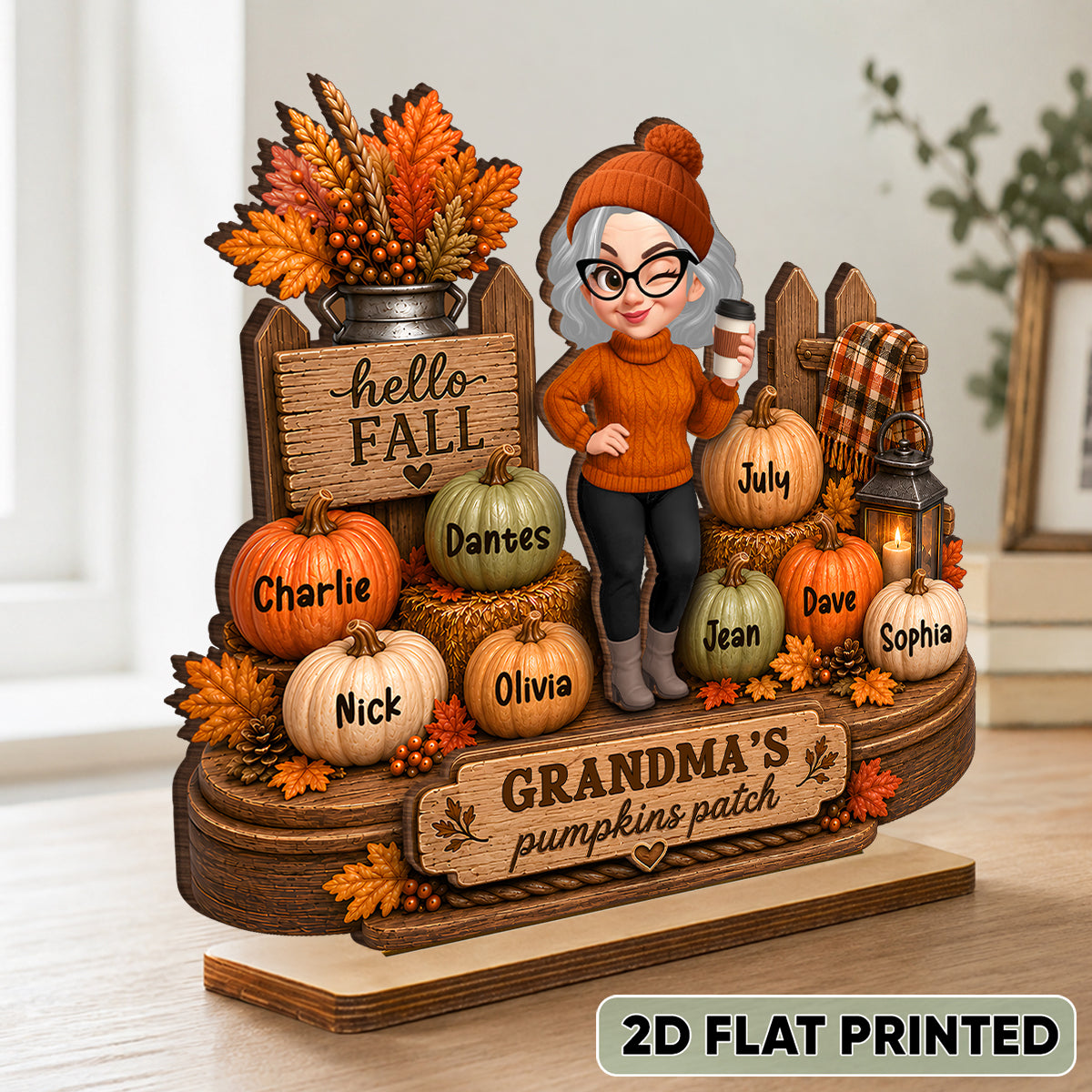 Hello Fall Grandma's Pumpkin Patch - Personalized 2-Layered Wooden Plaque - Cozy Fall Decor for Grandma