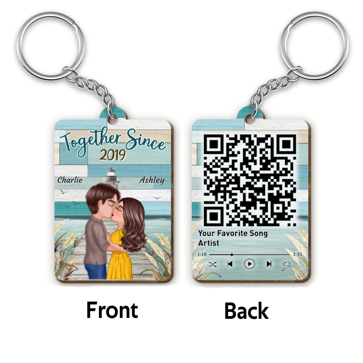 Green Color Palette Doll Couple Kissing On The Bridge Favorite Song Scannable QR Code Personalized Wooden Keychain