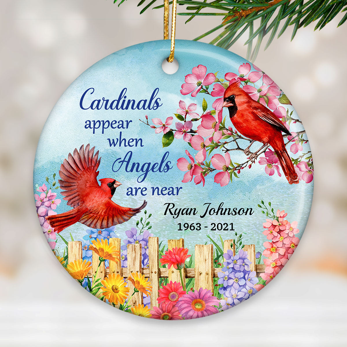Cardinal Flowers Memorial Personalized Circle Ornament