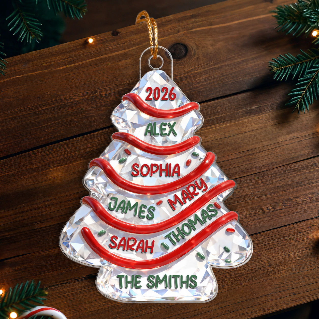 3D Effect Flat Family Names Christmas Tree Cake - Personalized Acrylic Ornament - Christmas Gift For Whole Family, Extended Family