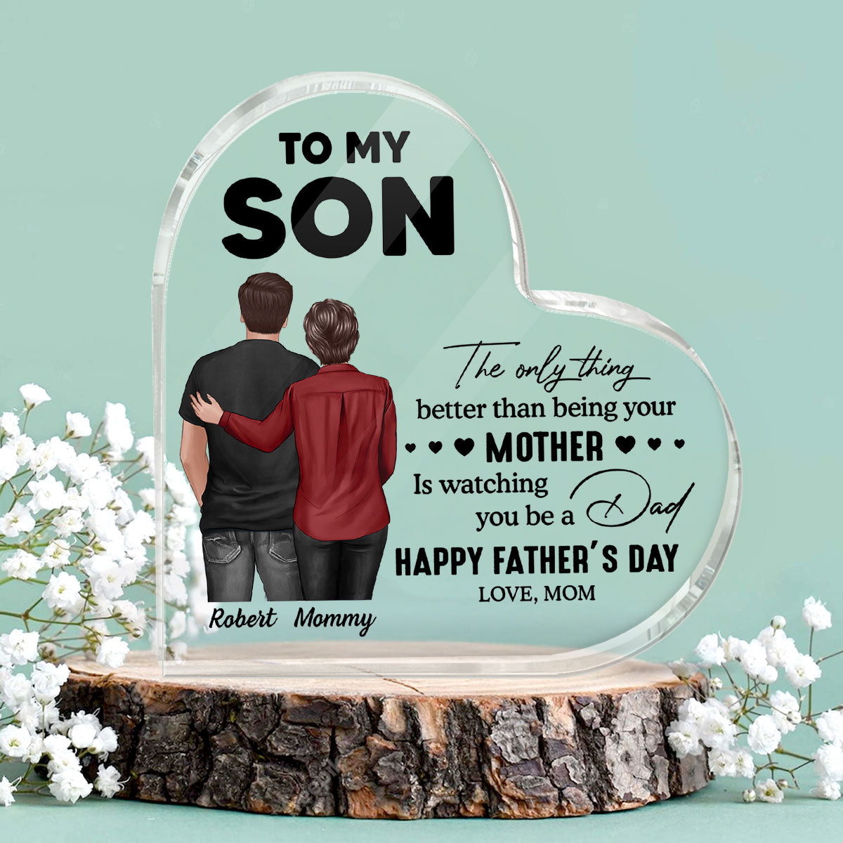 From Mom To Son Happy Father's Day Personalized Heart Acrylic Block Plaque, Heartfelt Father's Day Gift For Son
