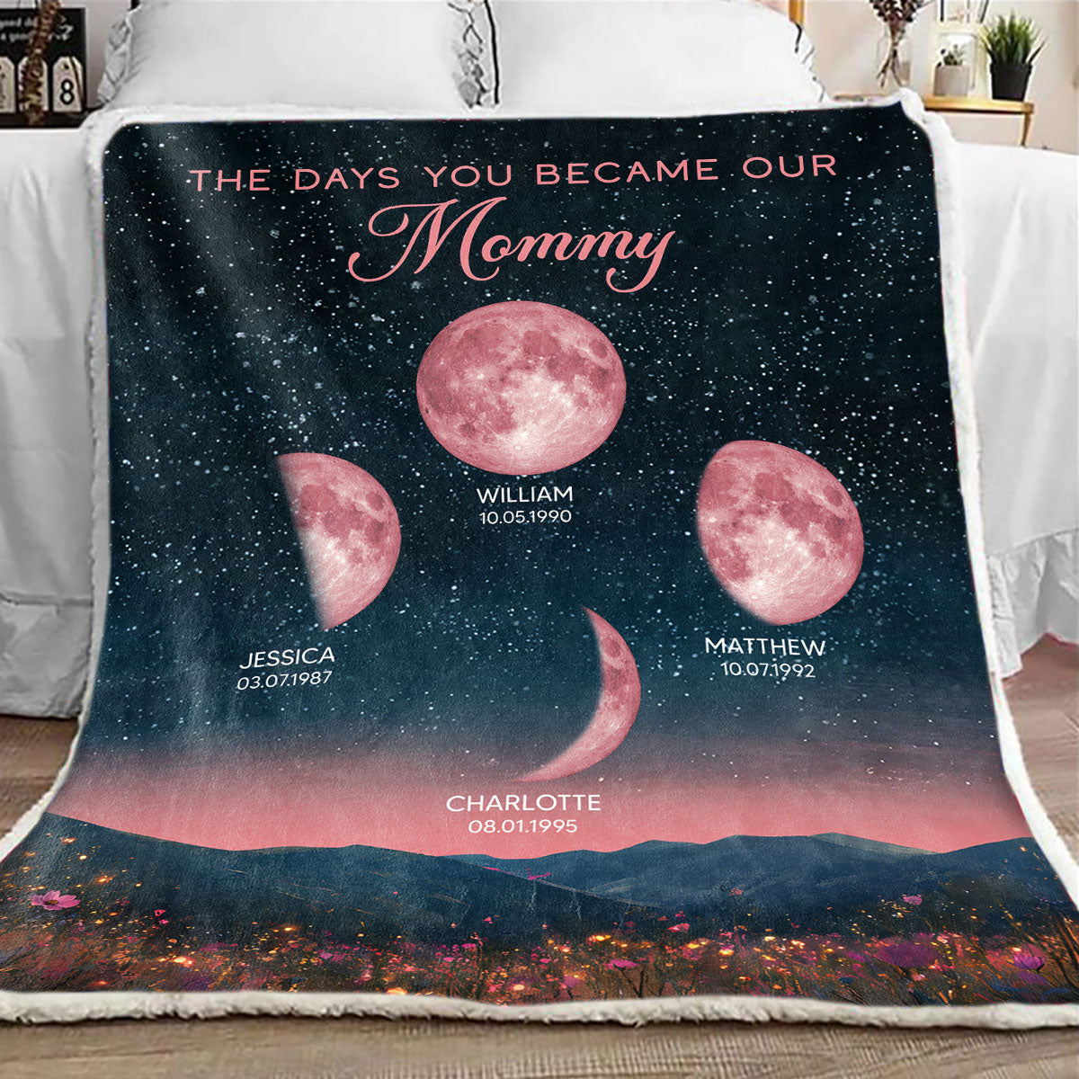 Pink Moon Phase Custom Birth Moon Beautiful Hill At Night Personalized Fleece Blanket, Gift