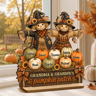 Grandma Grandpa Pumpkin Patch Scarecrow - Personalized 2-Layered Wooden Plaque - Cozy Fall Decor for Grandparents