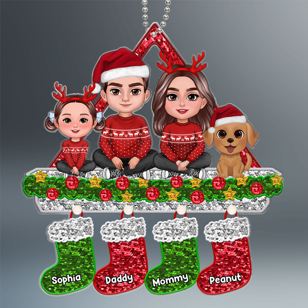 Faux Sequins Family Christmas Stocking Personalized Acrylic Ornament