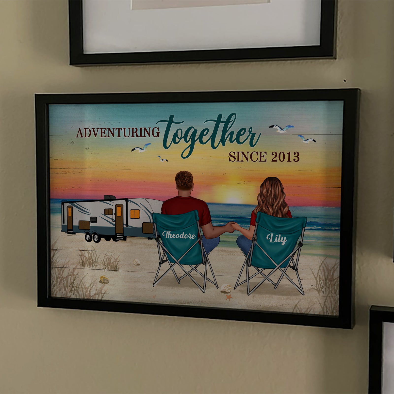 Back View Couple Camping Beach Landscape Personalized Horizontal Poster