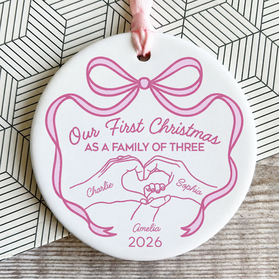 Family Heart Hand First Christmas As Family Of Three Christmas Personalized Ceramic Ornament