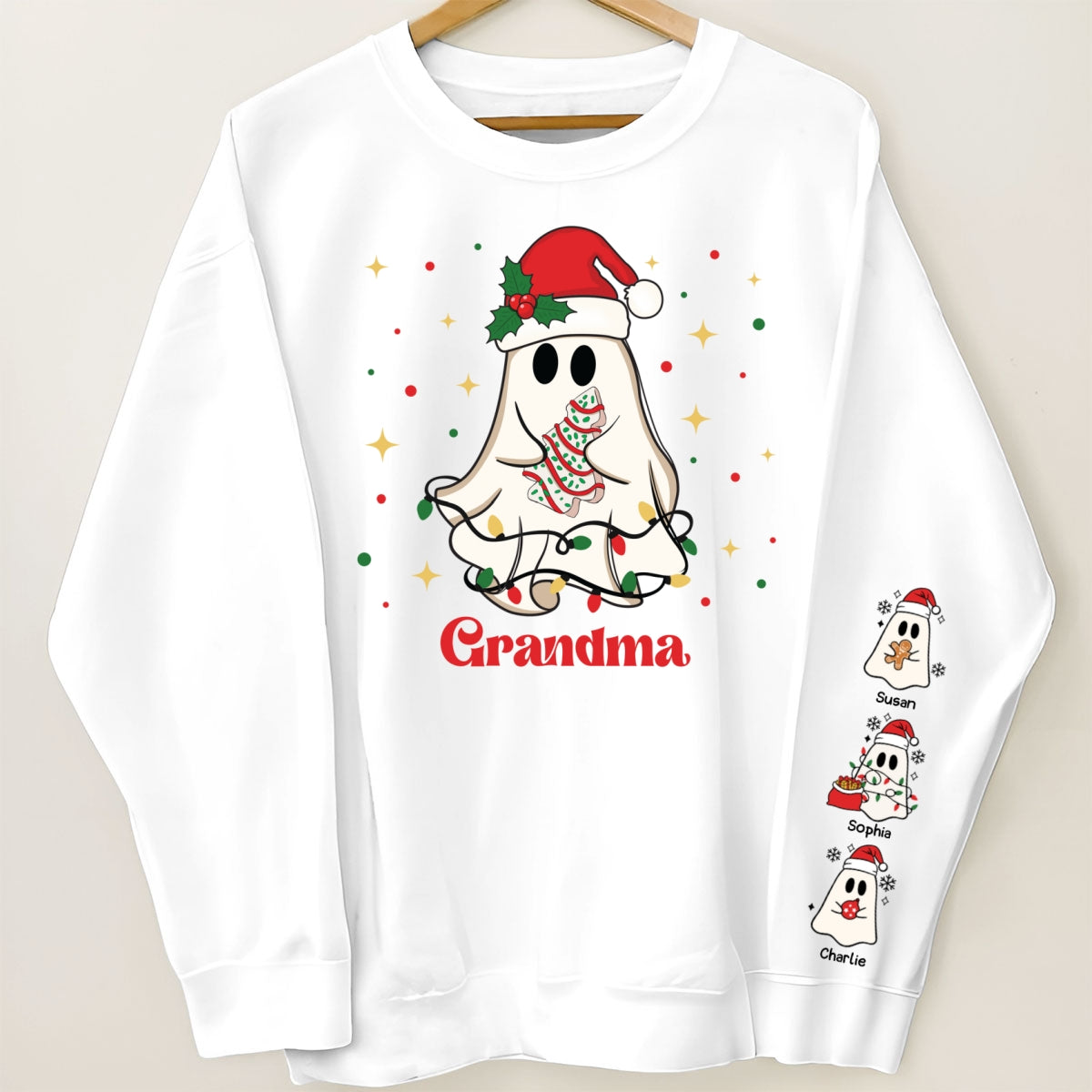 Christmas Cute Boo Grandma Grandkids Personalized Sleeve Printed Sweatshirt