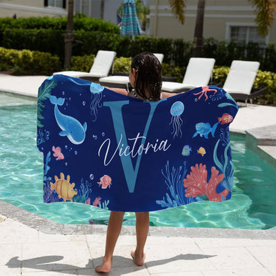 Personalized Ocean World Cute Animal Personalized Beach Towel with Initial and Name, Summer Travel, Accessories Gift for Boy Girl, Bath Towel
