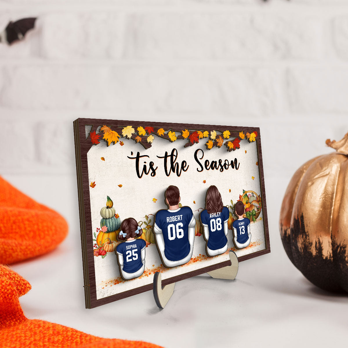 Fall Season Football Family Sitting Personalized 2-Layer Wooden Plaque, Gift For Husband, Wife, Dad, Mom