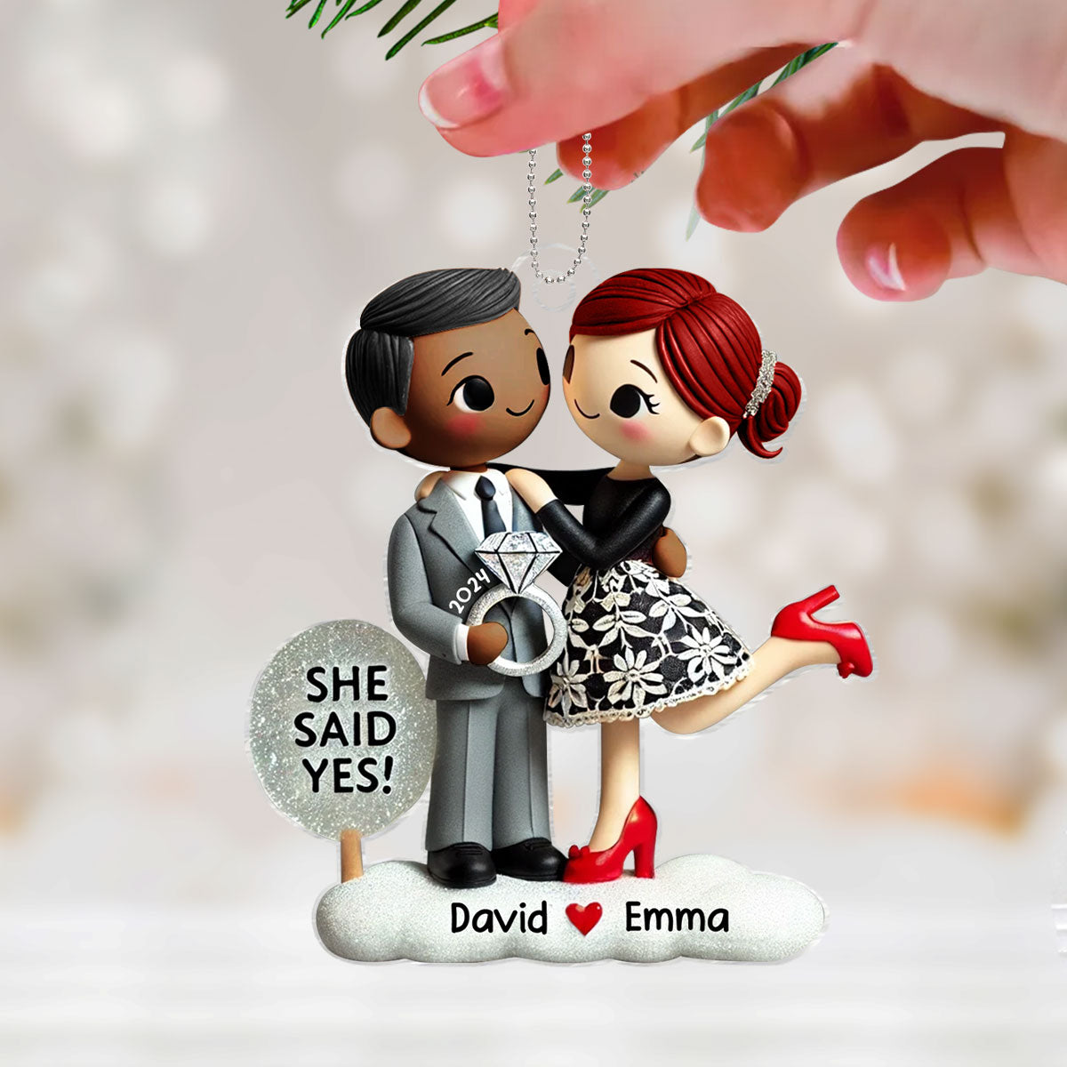 Engagement Ornament She Said Yes Personalized Couple's Engagement Christmas, 2D Flat Acrylic Ornament