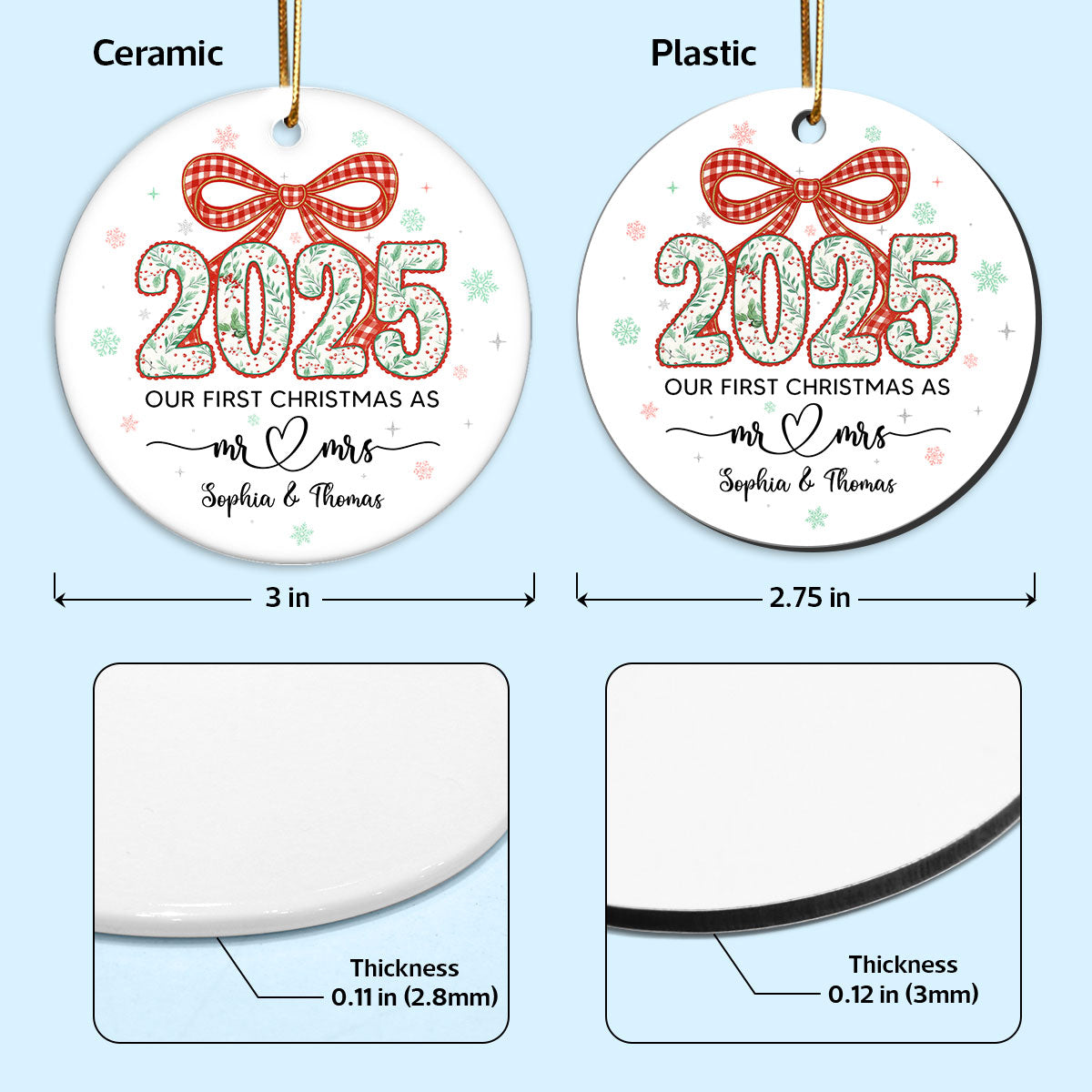 2025 First Christmas As Mr. & Mrs. Christmas Greenery Theme - Personalized Ceramic Ornament - Married, Engagement Gift for Couples