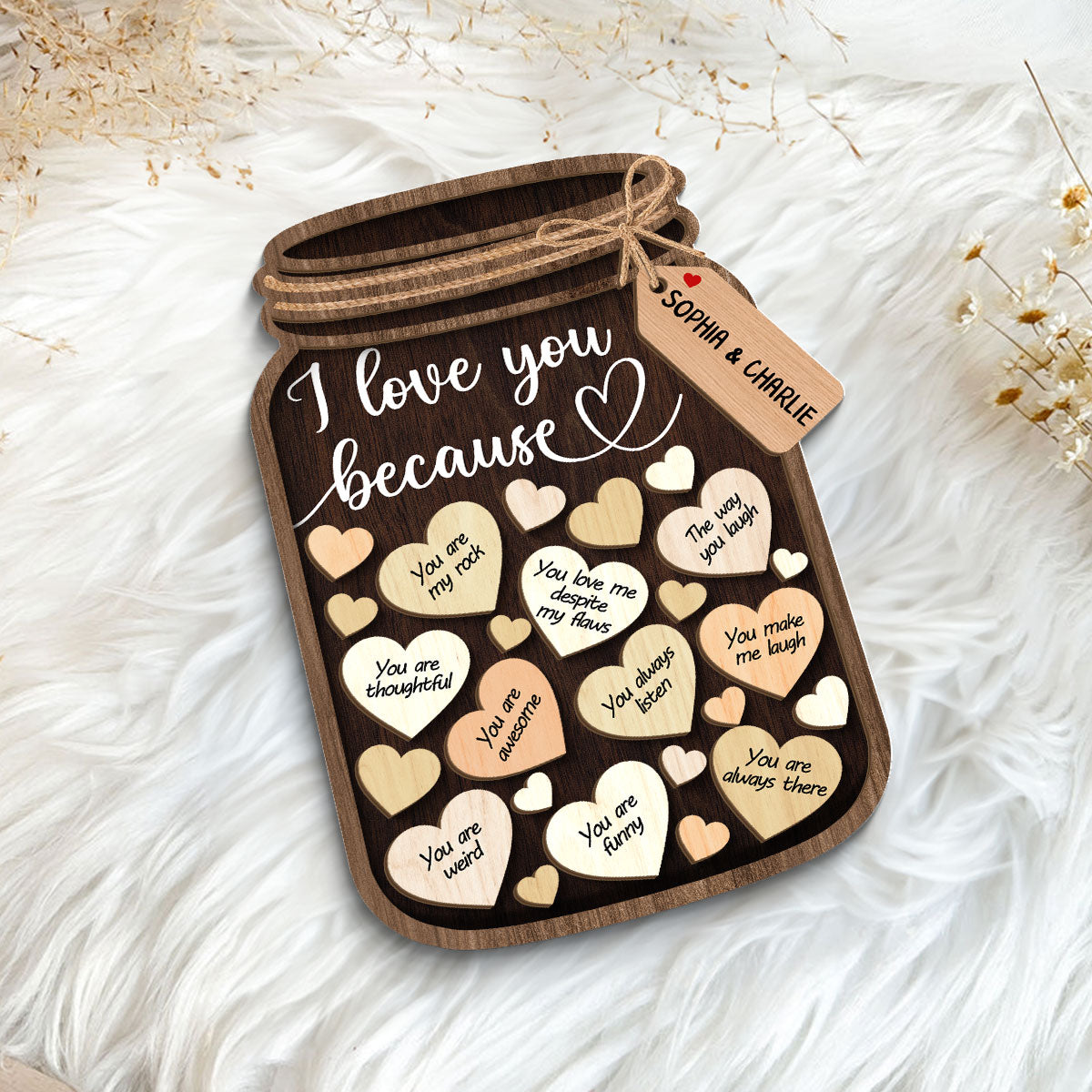 Couple I Love You Because Hearts In Mason Jar Personalized 2-Layer Wooden Plaque