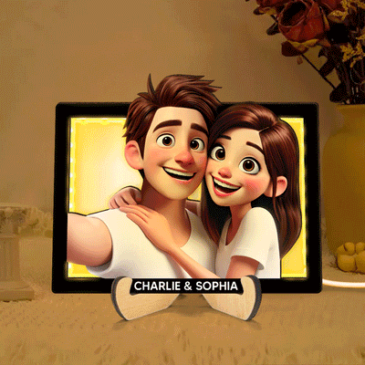Embracing Hugging Couple Selfie Personalized 2-Layered Wooden Plaque With LED