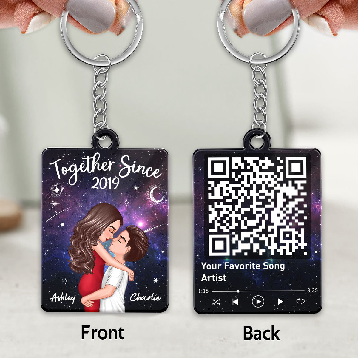 Doll Couple Hugging Kissing In Galaxy Night Favorite Song Scannable QR Code Personalized Acrylic Keychain