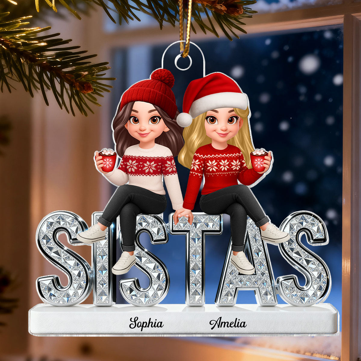 3D Shining Effect Sistas - Personalized Acrylic Car Hanger - Christmas Gift For Sisters