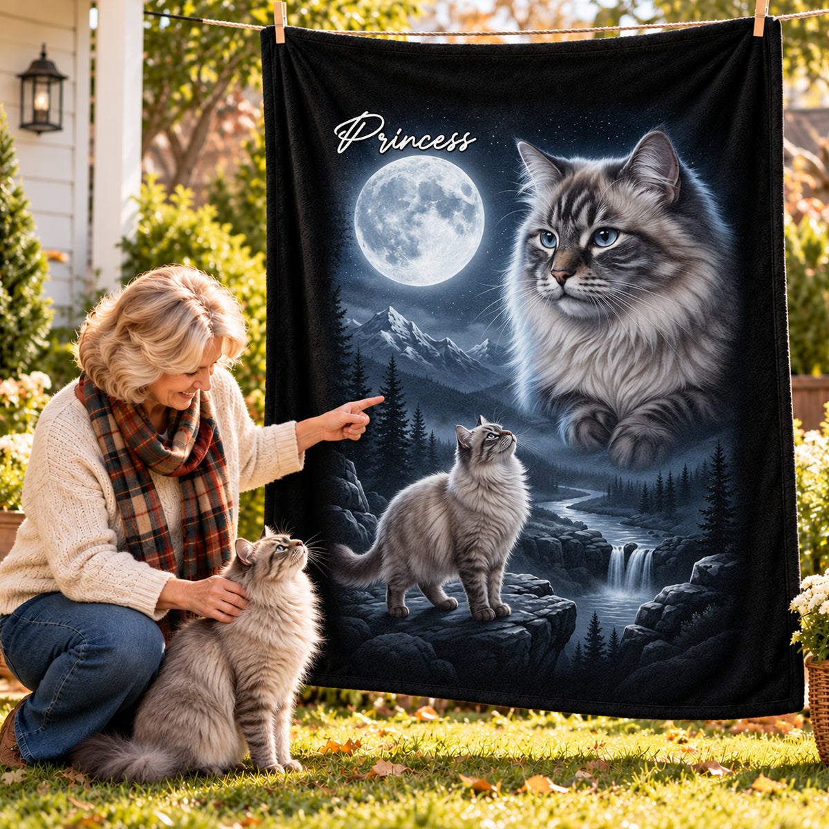 Cat Howling to the Moon Custom Pet Photo - Personalized Fleece Blanket - Halloween Gift for Cat Lovers