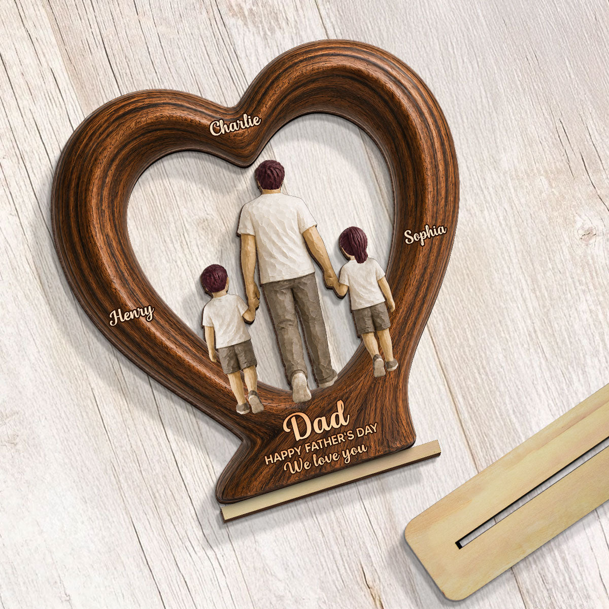 Sentimental Rustic Dad And Kids Walking In Heart 2D Flat - Personalized 2-Layered Wooden Plaque - Father's Day Gift For Dad, Husband