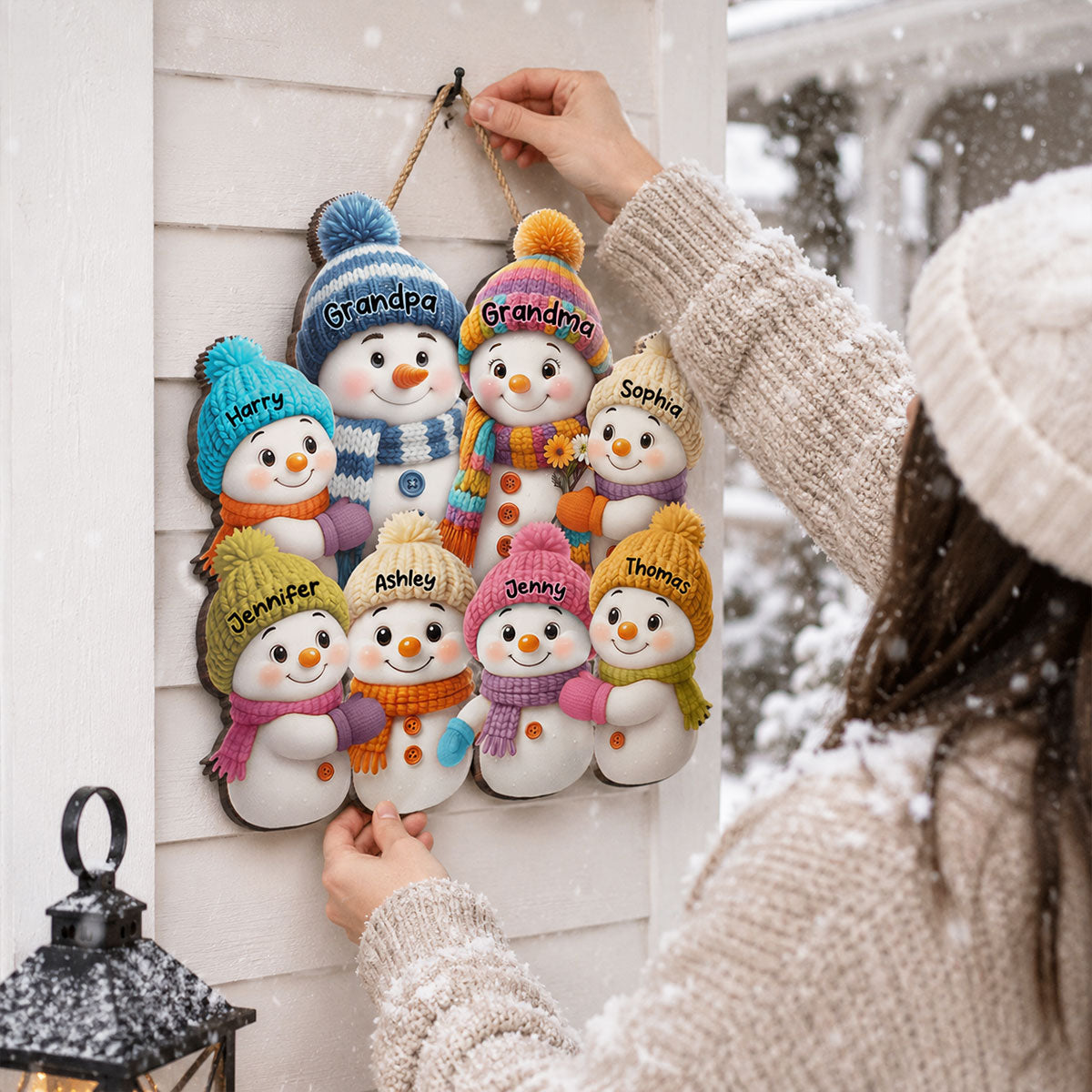 Snowman Grandparents and Grandkids - Personalized Wooden Door Sign - Cozy Christmas Decor for Grandparents