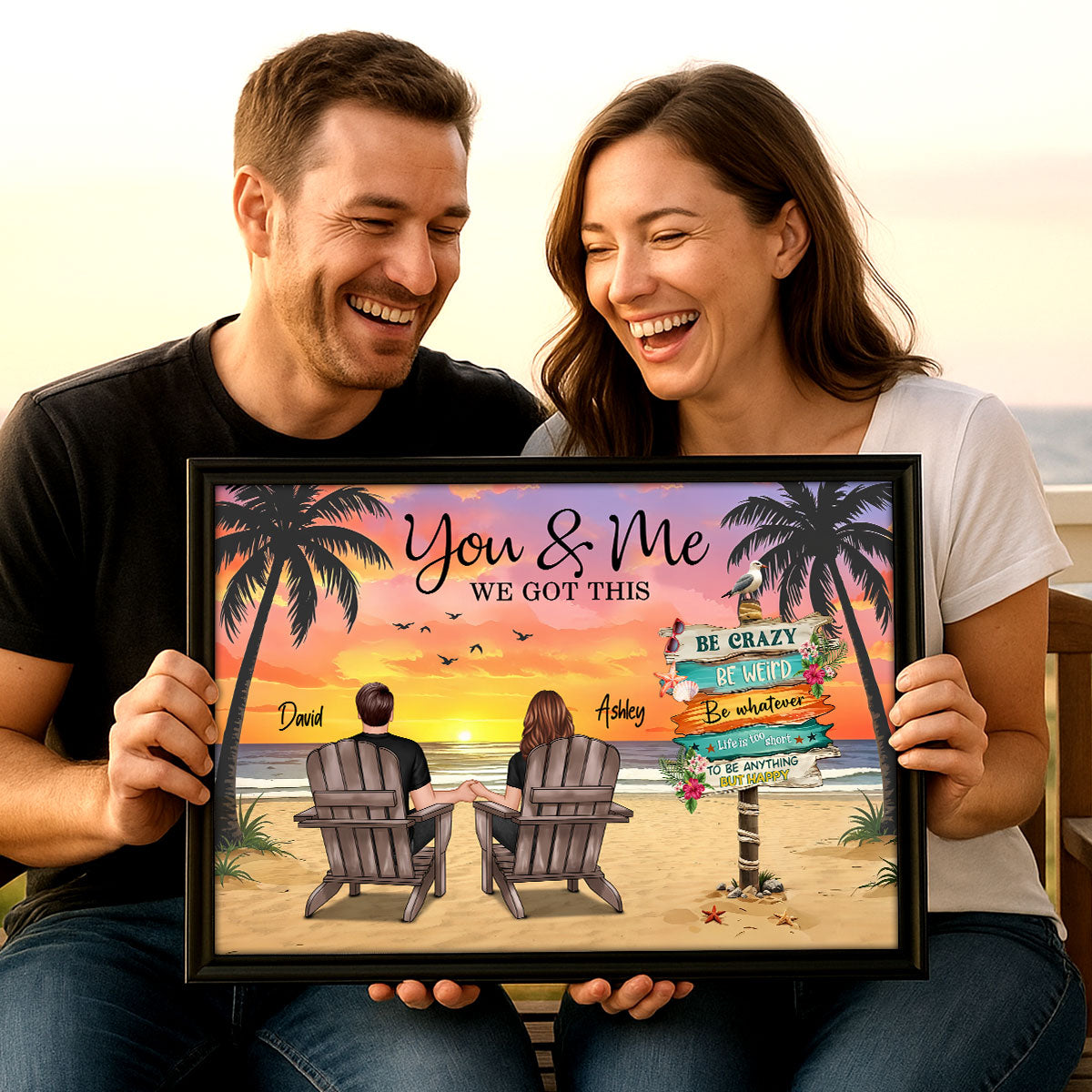 Couple Beach Landscape Sign Post Sunset Summer Vibe Personalized Poster, Gift For Him, For Her