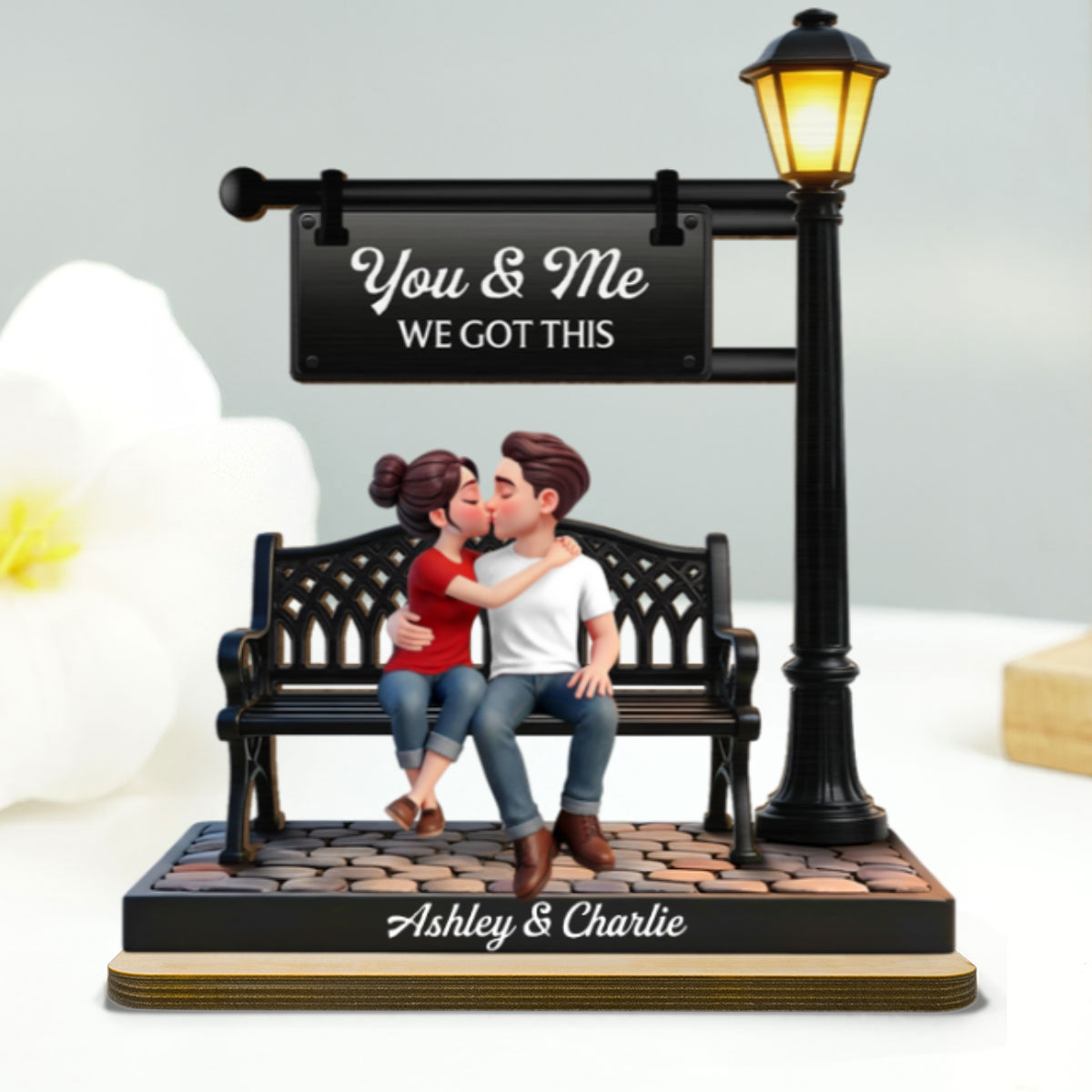 Everlasting Love Couple Sitting Kissing Under Lamp Post - Personalized 2-Layered Wooden Plaque - Heartfelt Gift For Couple