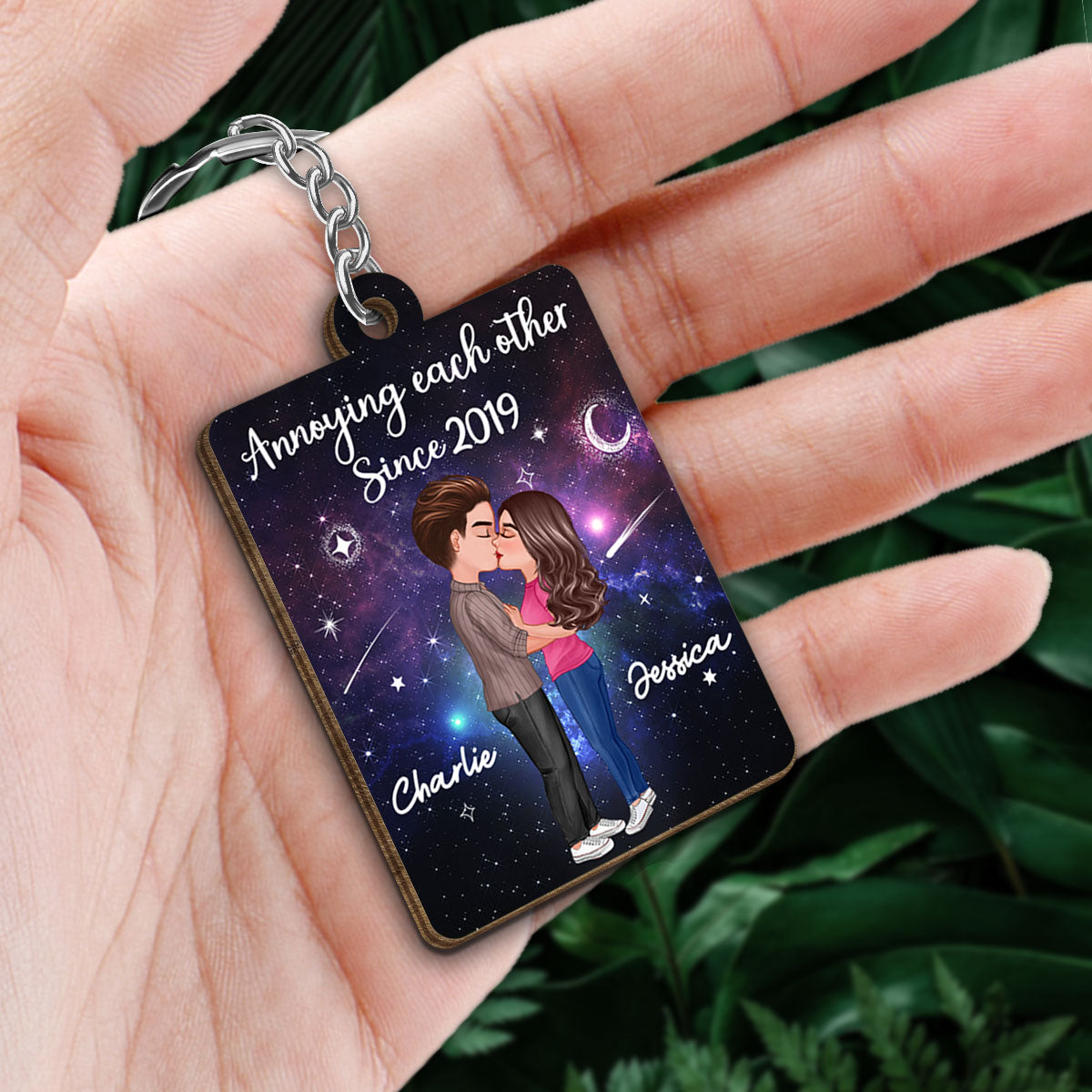 Doll Couple Kissing In Galaxy Night Favorite Song Scannable QR Code Personalized Wooden Keychain