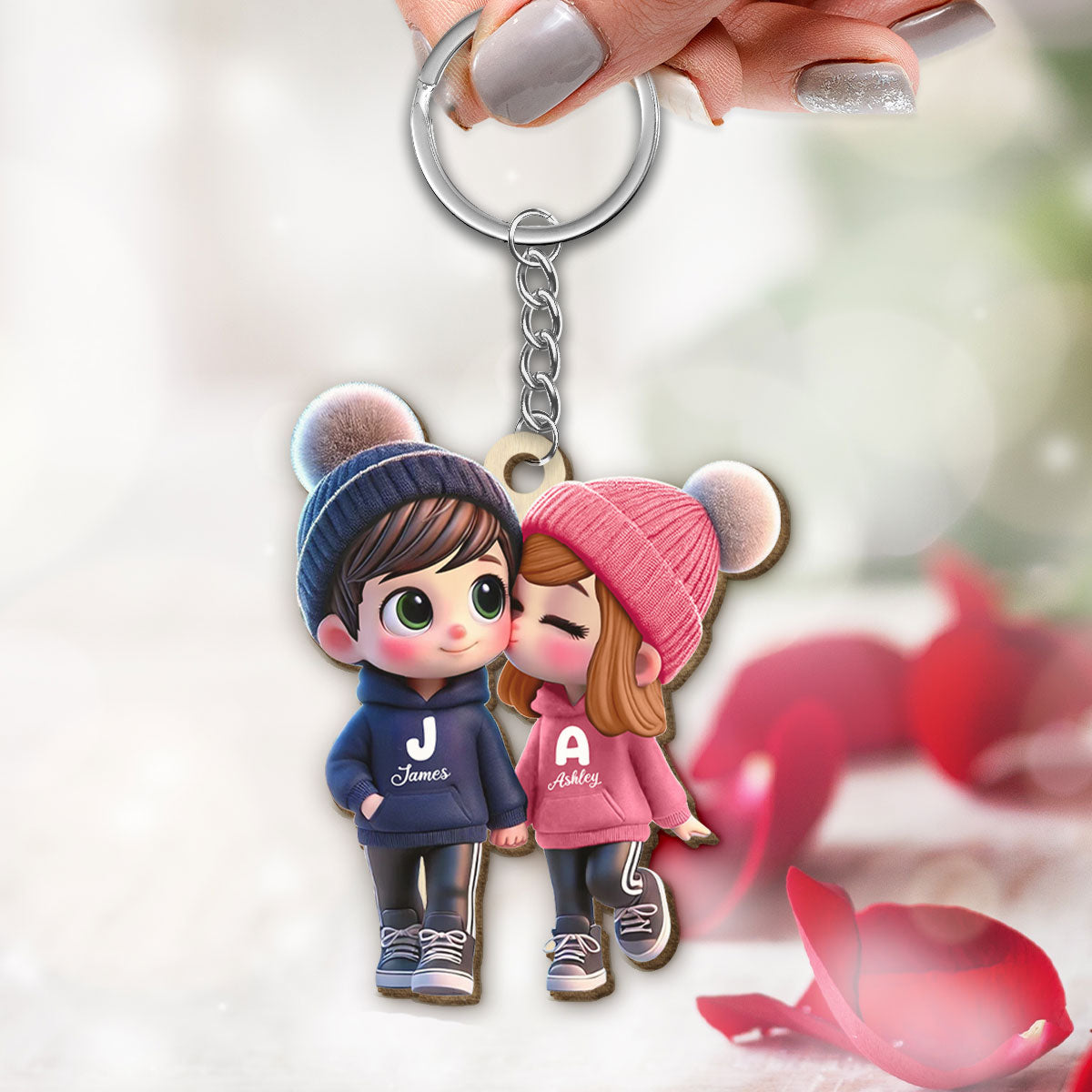 3D Effect Cute Cartoon Couple Walking Personalized Wooden Keychain,  Gift for Him, Gift for Her