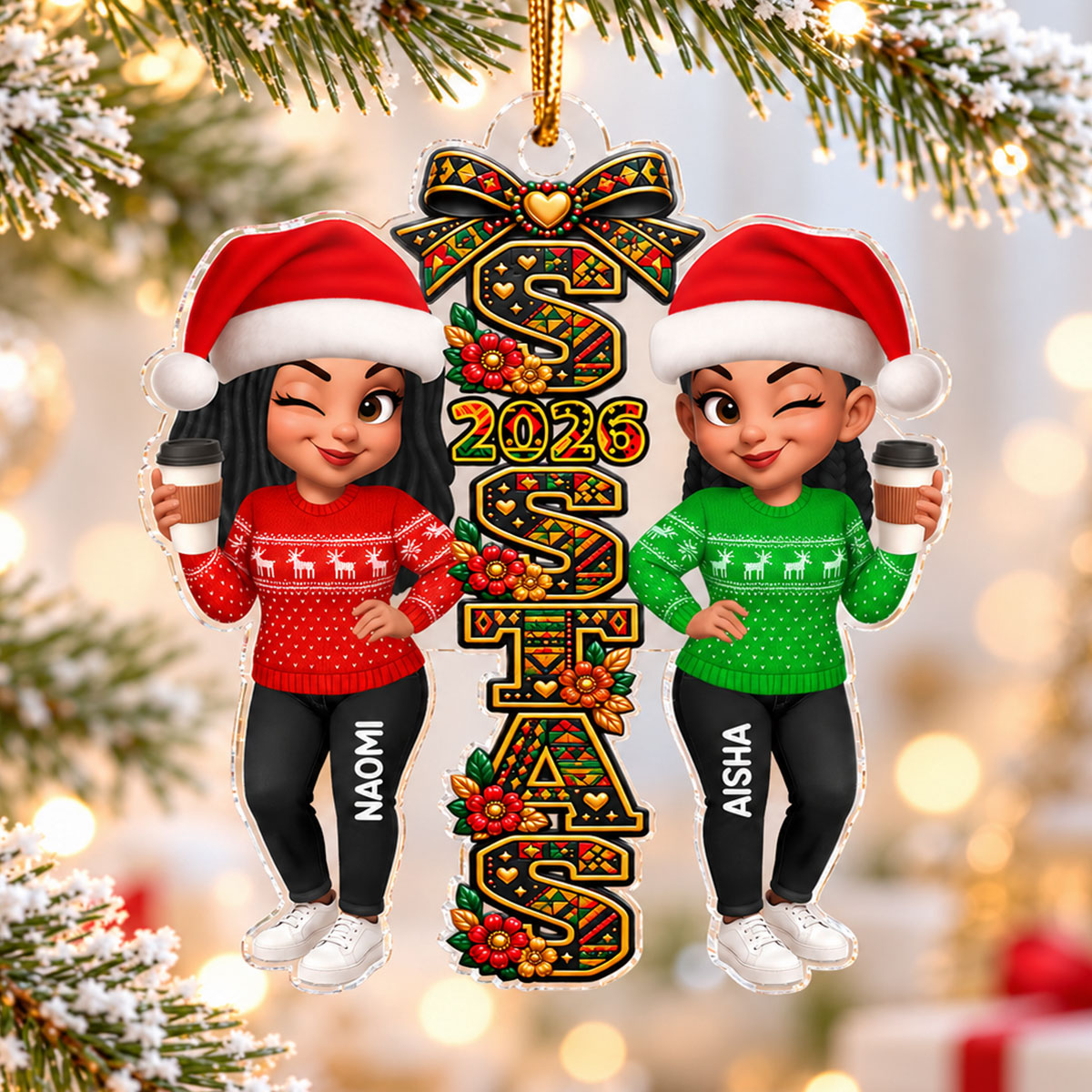 Tribal Patterned Besties Sisters Sistas Forever - Personalized Acrylic Ornament - Christmas Gift, Friendship Gift For Best Friends