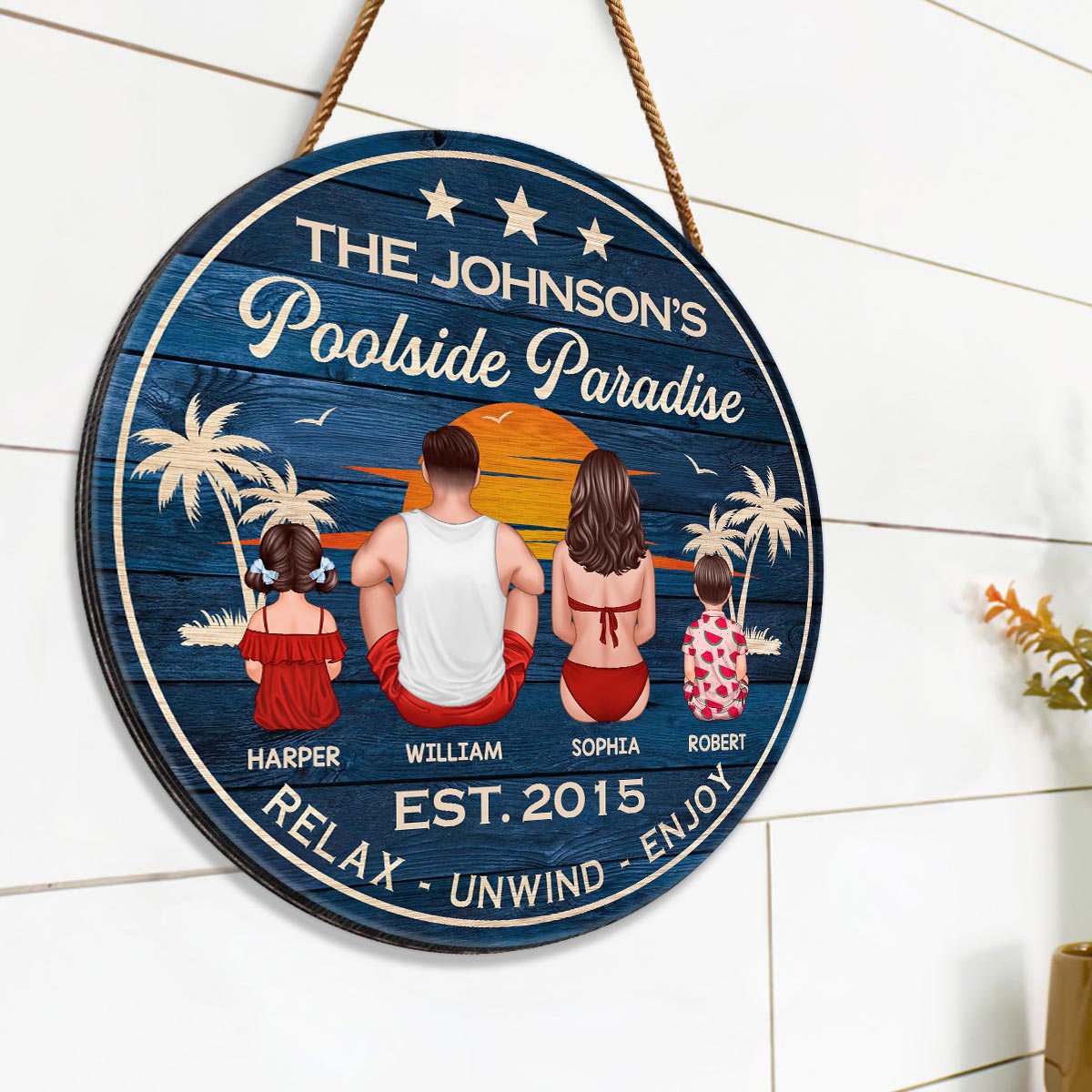 Relax Unwind Enjoy Poolside Paradise Family Sitting Personalized Wood Sign