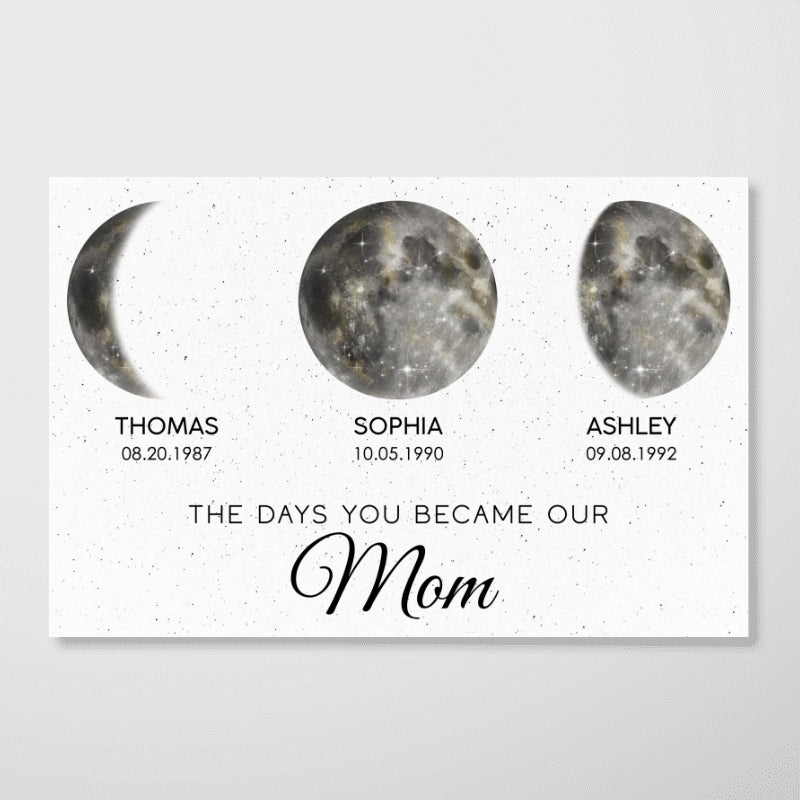 The Day You Became Mom Custom Birth Moon Phase Golden Dust Personalized Poster | A Heartfelt Gift for Mom’s Birthday, Mother’s Day, or Just Because
