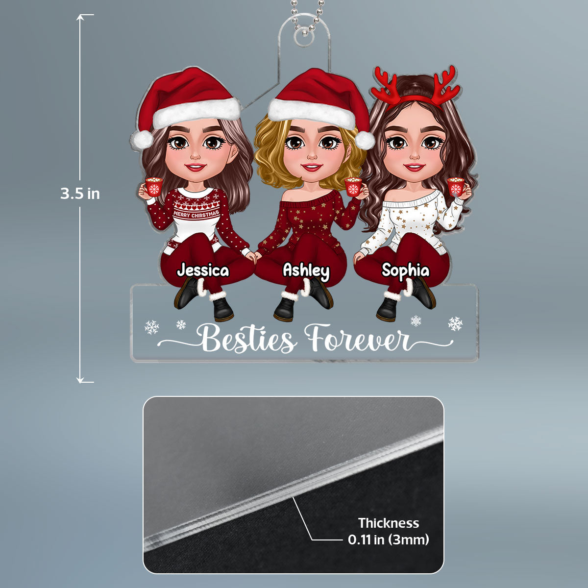 Pretty Besties Sisters Sitting Red Clothes Christmas Gift Personalized Acrylic Ornament