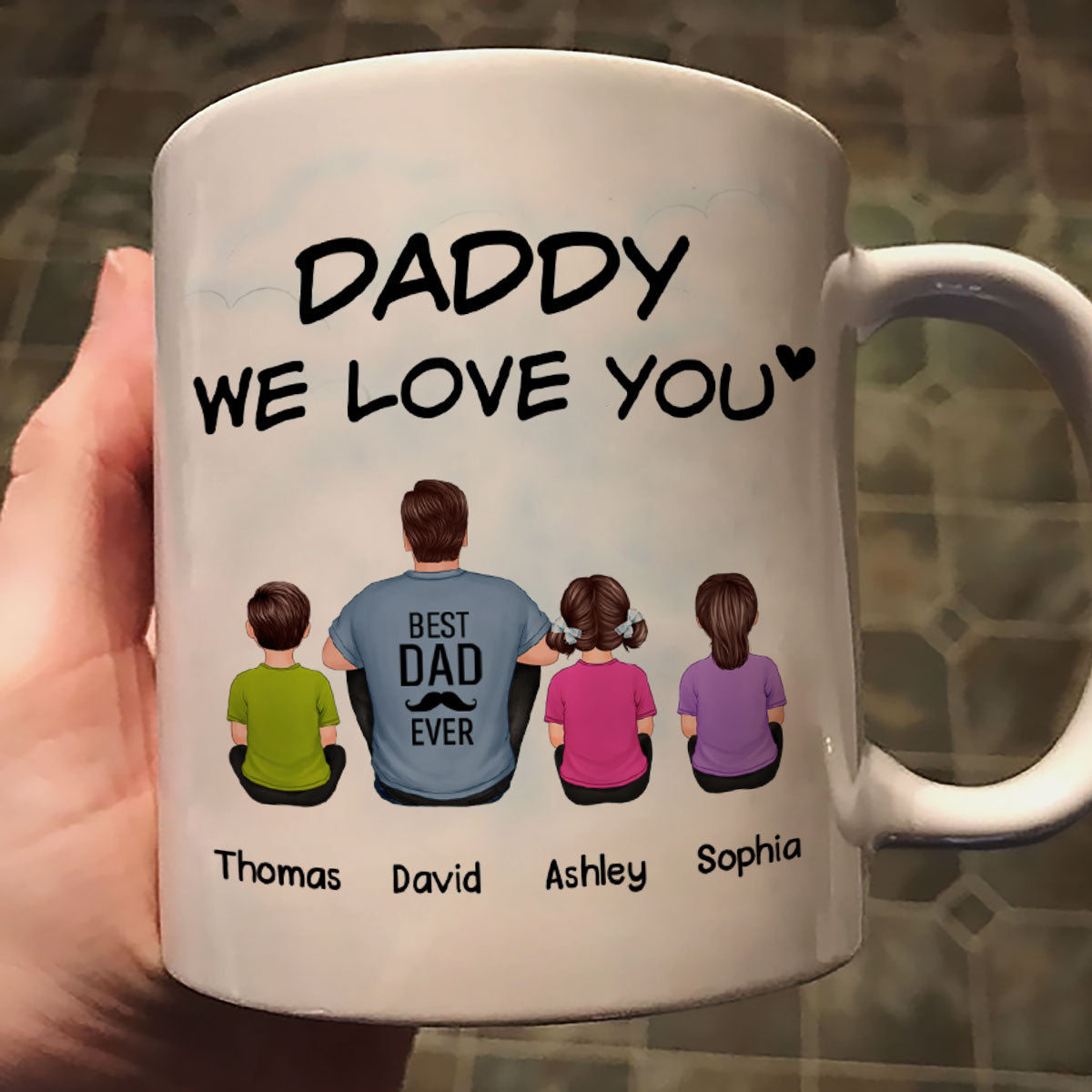 Daddy We Love You Back View Man Sitting With Kids Dog Cat Personalized Mug