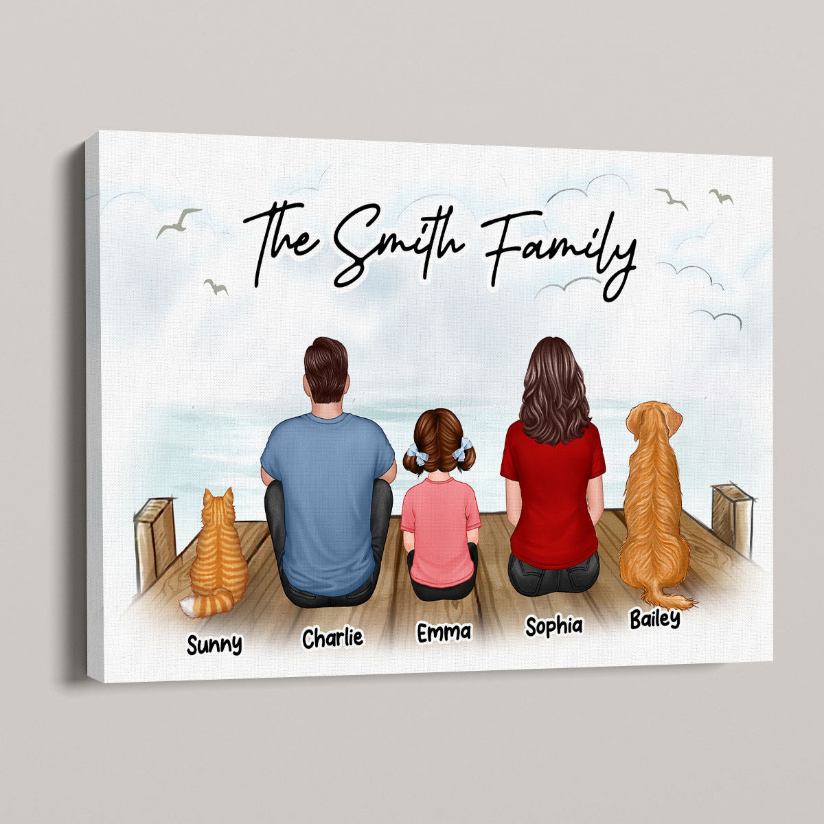 Family Dad Mom Kids Dogs Cats Sitting On The Bridge Personalized Canvas
