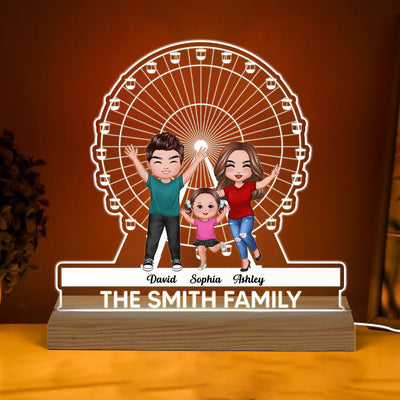 Happy Doll Family And Ferris Wheel Personalized Custom Shaped Acrylic Plaque With Warm LED Night Light