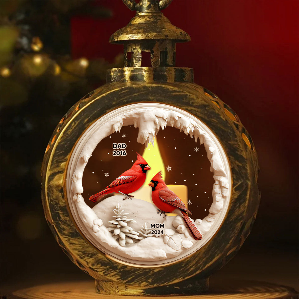 Cardinals In Winter Cave Christmas Personalized Lantern Ornament, Remembrance Gift, Sympathy Gift