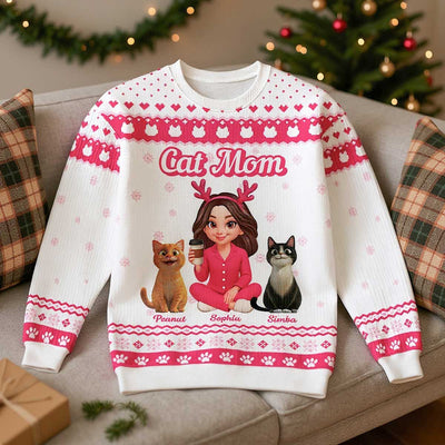 Christmas Pink Tone Cat Mom Faux Knitting Personalized Ugly Sweater