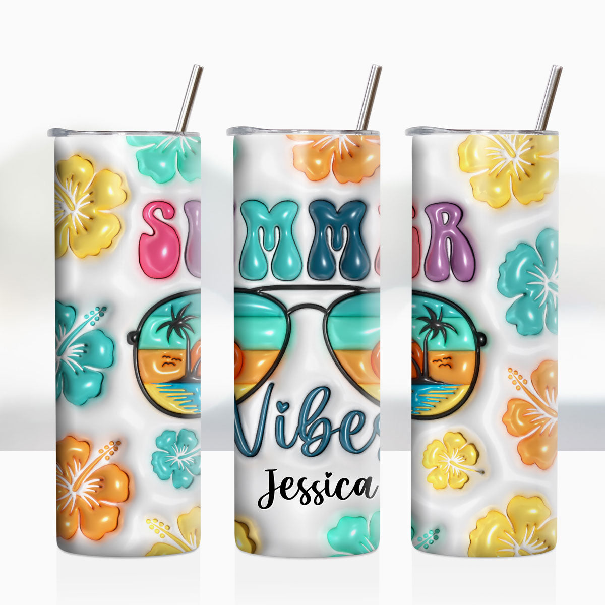 3D Summer Vibes Inflated Tumbler Wrap, 3D Tropical Summer Flower, Personalized Tumbler