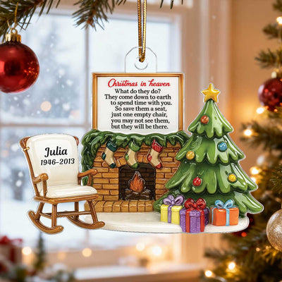3D Effect Christmas In Heaven Chair At Fireplace - Personalized Acrylic Ornament - Christmas Memorial Keepsake For Family