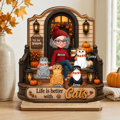 Life is Better with Cats - Personalized 2-Layered Wooden Plaque - Fall Decor for Cat Moms