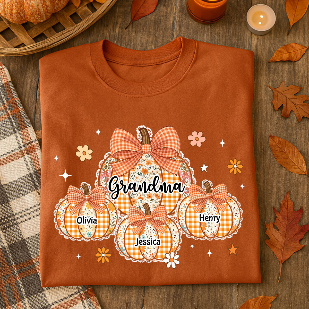 Lace Pattern Grandma Custom Pumpkins With Kids Names - Personalized Shirt - Gift For Grandmas, Fall Vibe Cozy Shirt