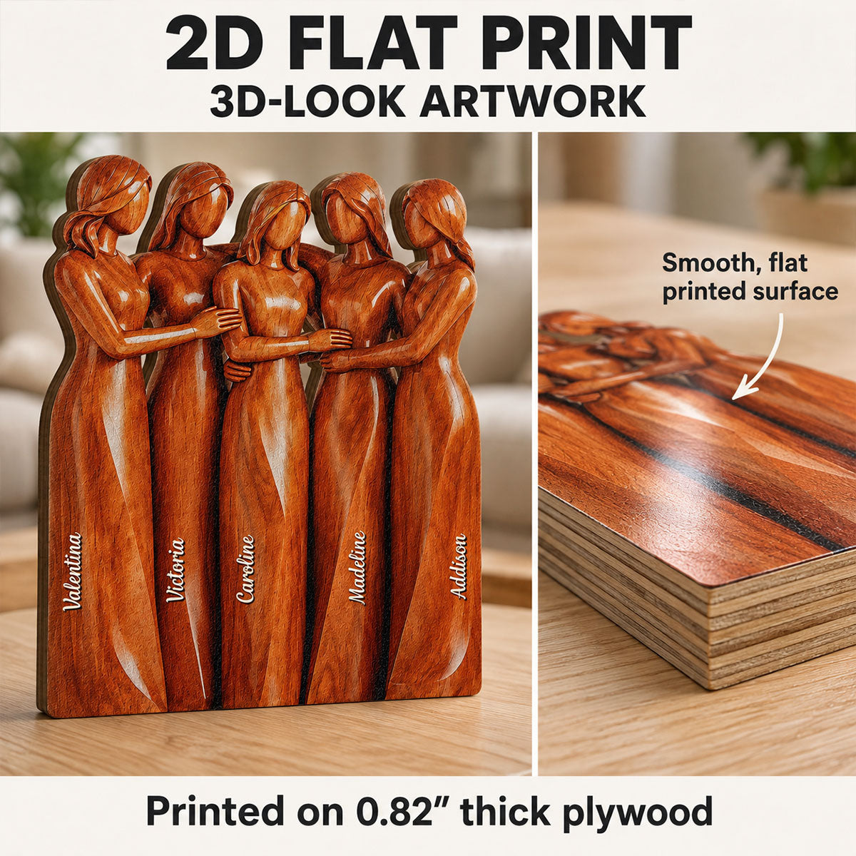 Sisters & Best Friends Embracing 2D Flat - Personalized Wooden Block - Friendship Keepsake Gift