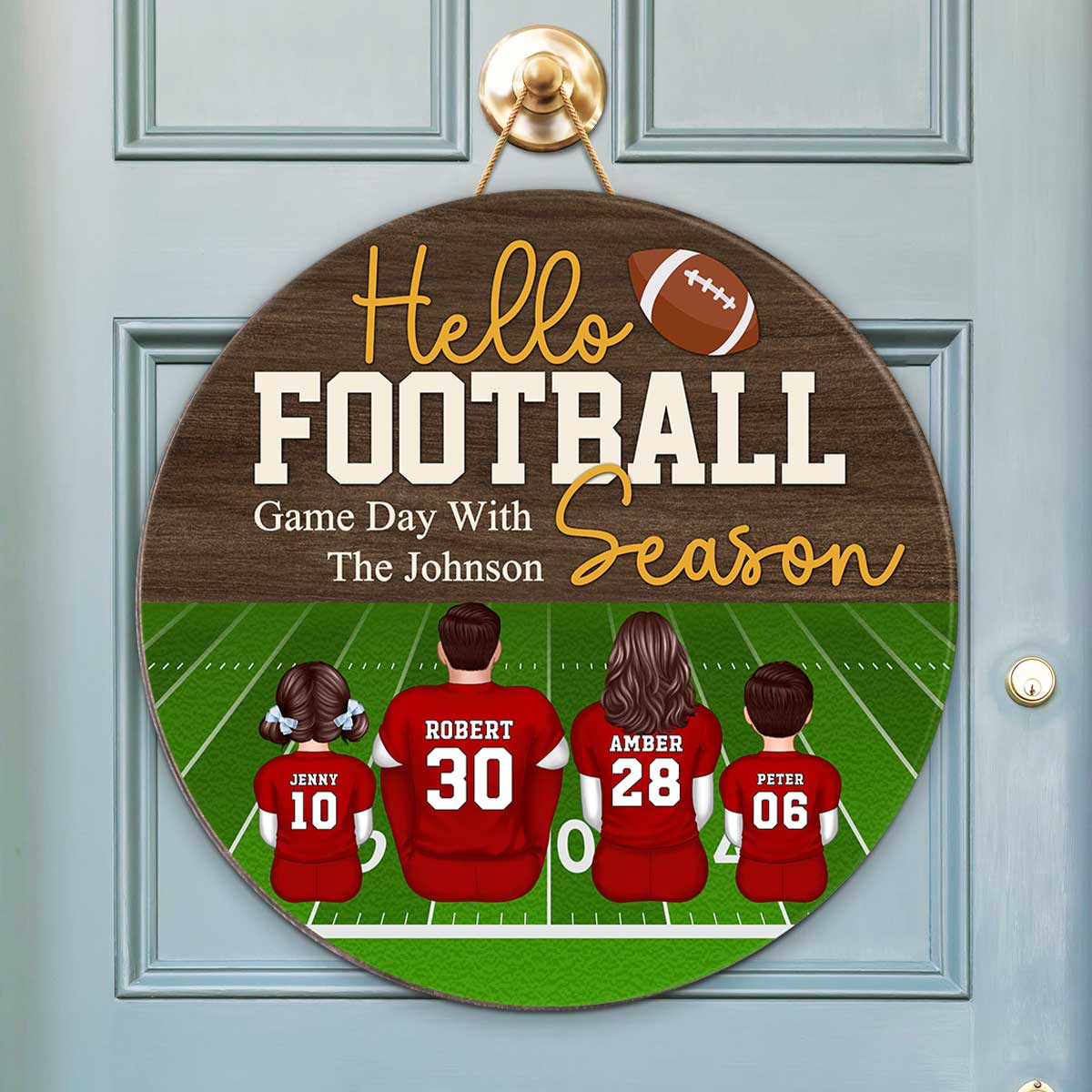 Hello Football Season Personalized Round Door Hanger, Family Fall Decor