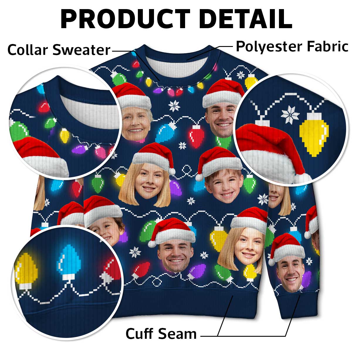 Christmas Light Family Dog Cat Pet Photo Upload Funny Christmas Personalized Faux Knit Ugly Sweater