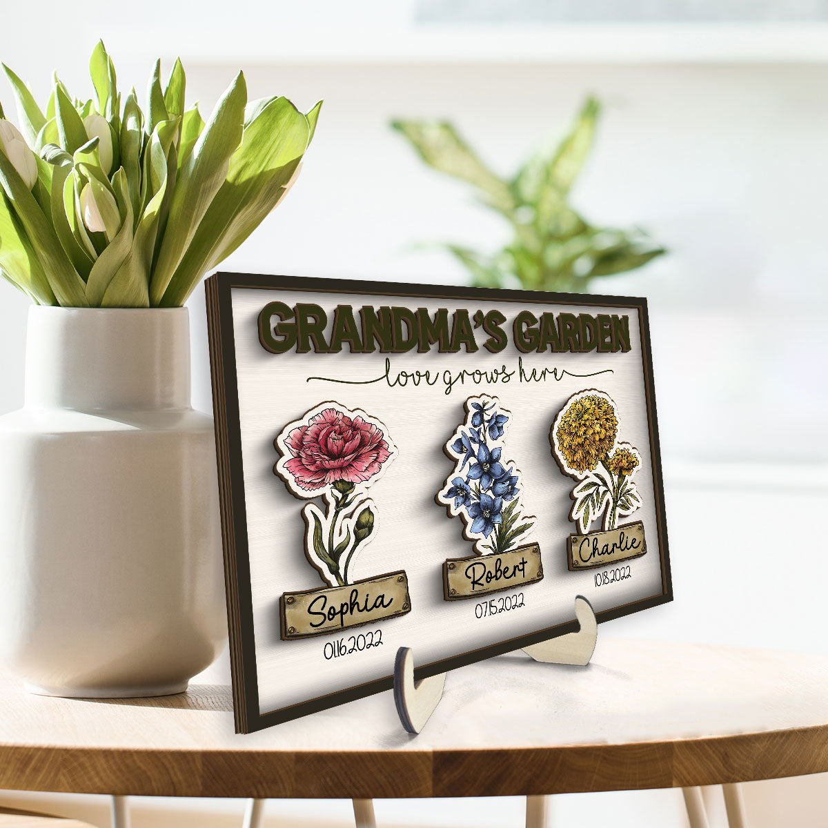 Grandma Garden Love Grows Here Grandkids Birth Flower Name and Birthday Personalized 2-Layer Wooden Plaque