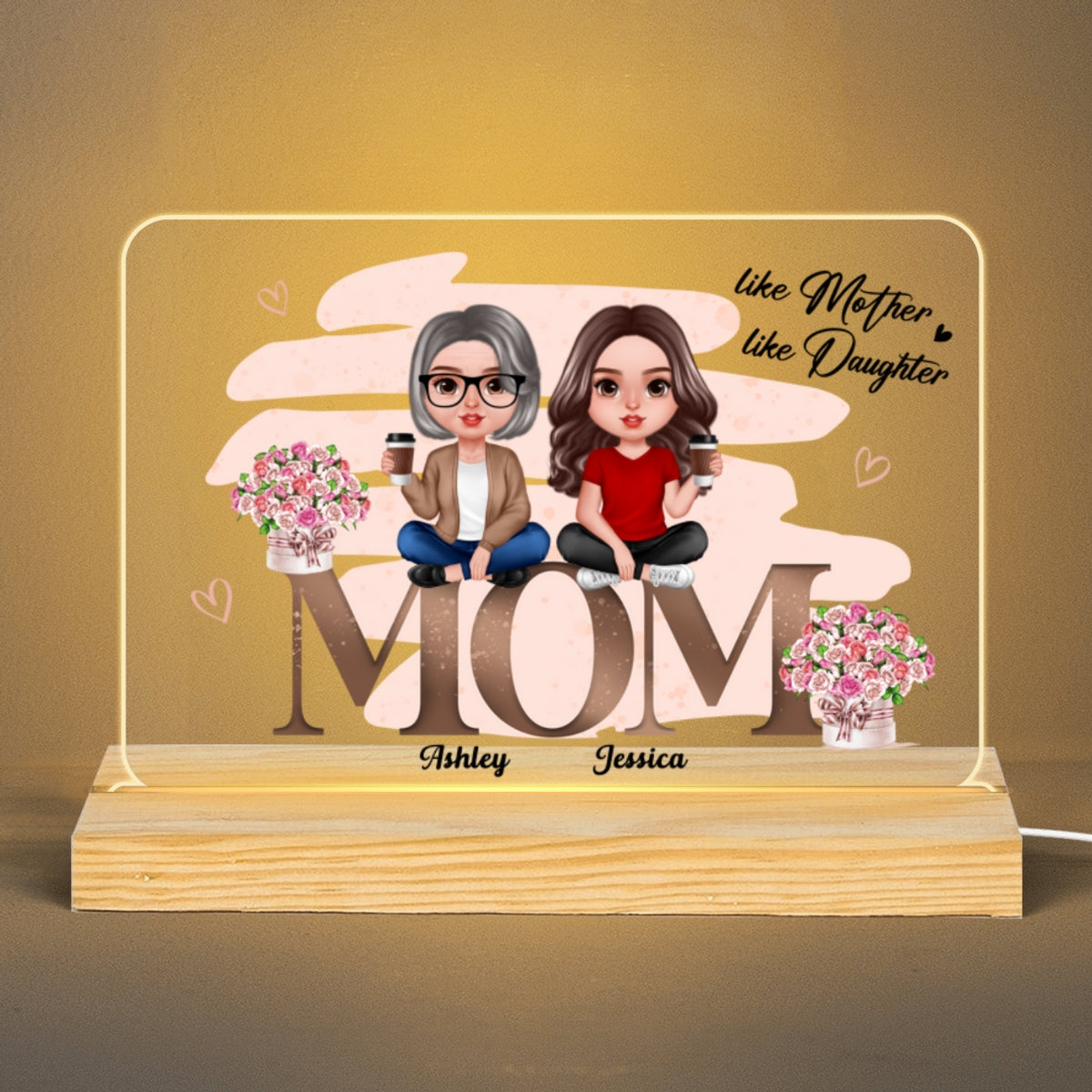 Mother Daughter Pink Flowers Sitting On Words Personalized Acrylic Custom Shape LED Night Light